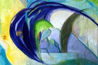 abstract painting, blues and greens, brush strokes and dripping paint