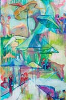 Abstract and colorful umbrella courtyard scene Oil on Linen