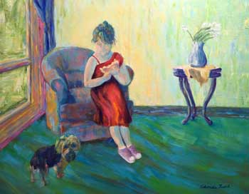 Girl leaning on a chair next to a dog