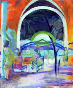 people eating brunch in an outdoor amphitheater