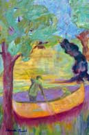 Two boys canoeing through the woods Oil on Canvas