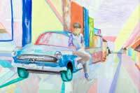 A man standing against a parked car on a street Oil on Canvas