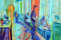 A man stadning by a table where people are eating Oil on Canvas