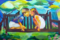 Two kids hanging out while sitting on a bench