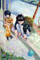 Two boys sitting on the stoop with a ball Oil on Canvas