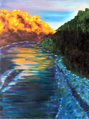 The River beside a mountain painting